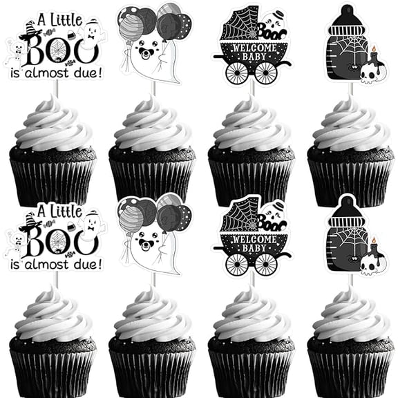 24Pcs Halloween Cupcake Toppers, Cute Ghost Cake Picks for Baby Shower Gender Reveal Party Decorations, Black White Reusable Photography Props