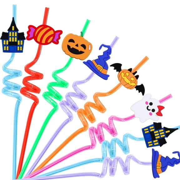 24Pcs Halloween Drinking Spiral Straws,Halloween Party Favor Pumpkin Skull Ghost Theme Drinking Straws Goodie Gifts for Kids Adults Halloween Party Supplies