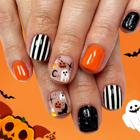 24Pcs Halloween Fake Nails With Ghostly Stripes Pumpkin Bat Patterns Plastic Nails Art For Women Party Decoration