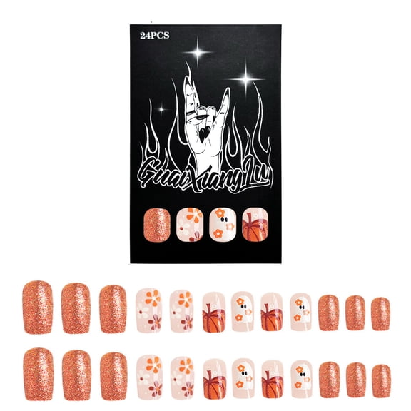 24Pcs Halloween False Nails Square Thanksgiving Press On Nails With Flower Pumpkin Designs For Women Autumn Nails Art