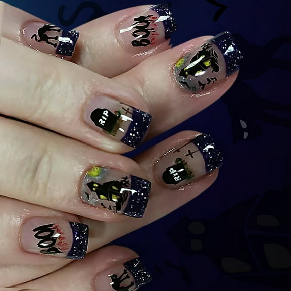24Pcs Halloween Faux Nails Black Glittering Gothic Press On Nails Bat and Kitten ABS For Women