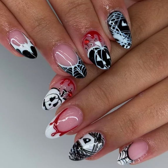 24Pcs Halloween French Tip Black Red Press on Nails Medium Almond Fake Nails with Spider Web Pumpkin Design Gothic False Nails Full Cover Artificial Glue on Nails for Women Manicure DIY