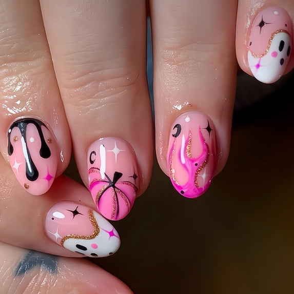 24Pcs Halloween Nail Art, White Ghost Nail Decals and Pumpkin Flame Design Halloween Press On Fake Nails with Jelly Glue, Reusable False Nail Tips for Women, DIY Festive Party Manicure Set