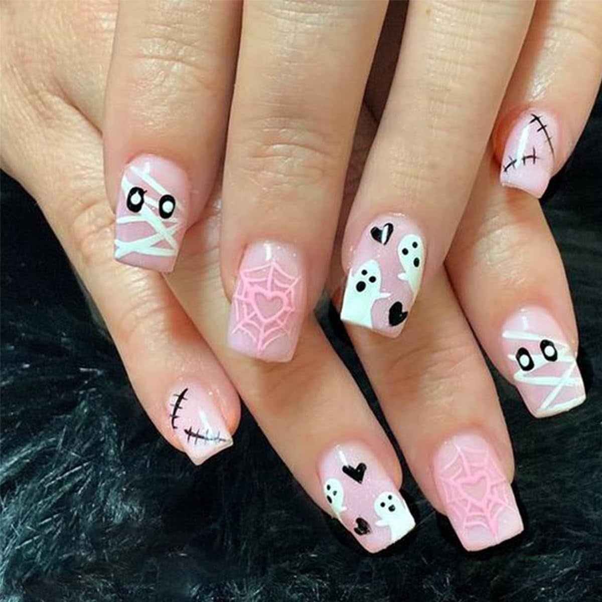 24Pcs Halloween Nails Pink Press on Nails Short Square Fake Nails Love Heart Ghost Acrylic Nails Zombie Mummy Glue on Nails Scar Full Cover False Nails Short Coffin Nails for Halloween Manicure Tips