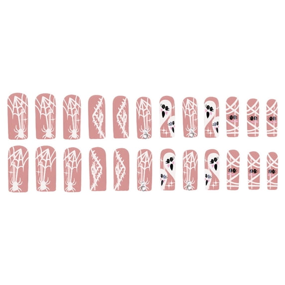 24Pcs Halloween Press On Nails Long Coffin, French Tip False Nails with Glossy Finish, Full Cover Glue On Artificial Nails, Reusable Holiday Stick On Nail Set for Women