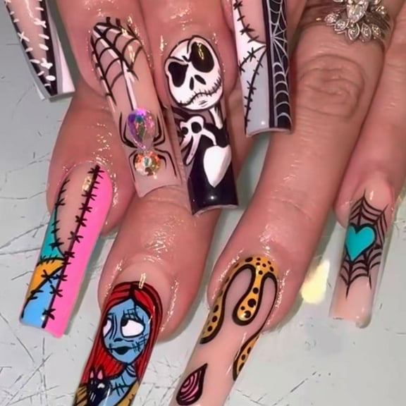 24Pcs Halloween Press on Nails Long Square Fake Nails French Tip False Nails with Pumpkin Design Glue on Nails Full Cover Artificial Holiday Stick on Nail for Women