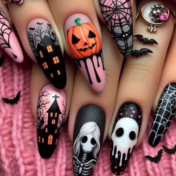 24Pcs Halloween Press on Nails Medium Coffin, Acrylic Nail Kit Fake Nails Press on Pumpkin Ghost Spiderweb Castle Nail Tips Glue on Nails Full Cover False Nails Stick on Nails for Women