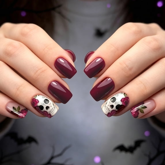 24Pcs Halloween Press On Nails Medium Long, Skull Rose Leaf Pattern Fake Nails with Glossy Finish, Reusable False Nail Tips for Women, DIY Gothic Party Manicure Set