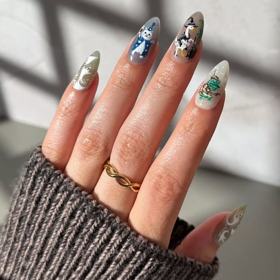 24Pcs Halloween Press on Nails Medium Wizard Ghost Fake Nails Ghost Glue on Nails Goth False Nails Halloween Stick on Nails Handmade Halloween Plastic Nails for Women
