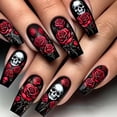 thumbnail image 1 of 24Pcs Halloween Press On Nails Rose Skull Gothic Style, Dark Glossy Fake Nails with Intricate Floral and Skeleton Design, Medium Length Reusable False Nail Tips for Women, 1 of 9