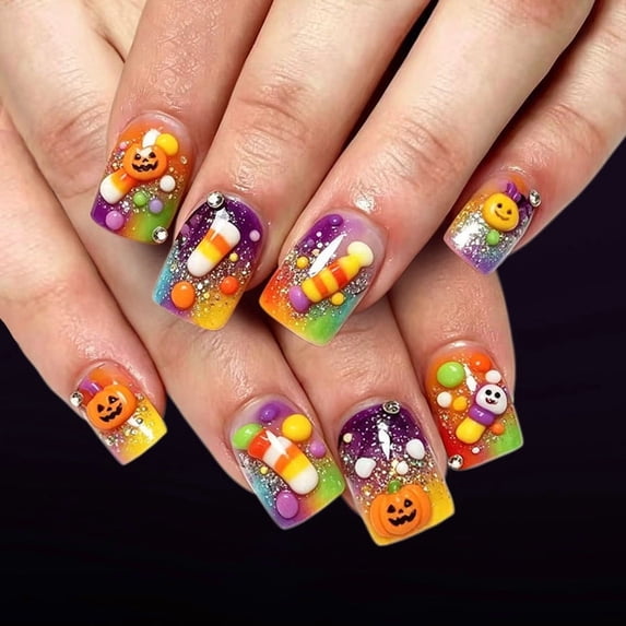 24Pcs Halloween Press On Nails Short, Gradient Fake Nails with Pumpkin Ghost Candy Corn Glitter, Reusable False Nail Tips for Women, DIY Halloween Party Manicure Set