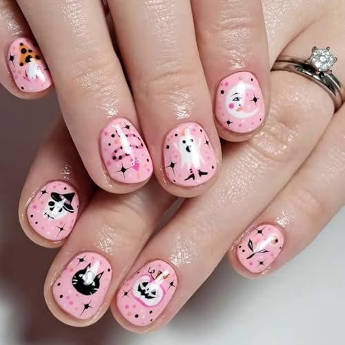 24Pcs Halloween Press on Nails Short Square Fake Nails Cute Pumpkin