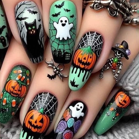 24Pcs Halloween Press on Nails Square Fake Nails with Glue Horror Pumpkin Ghost Flowers Graveyard Bat Acrylic Nails for Women Halloween Party -3 sizes