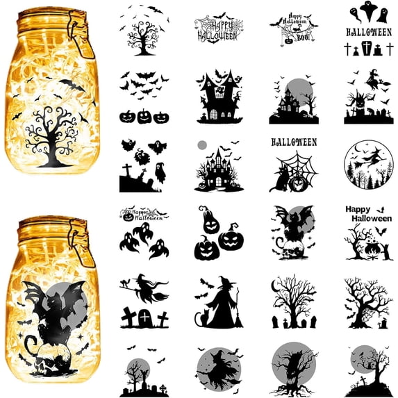 24Pcs Halloween Silhouettes Mason Jar Decor Witch Lantern Laser Cutouts Decorations Plastic Scrapbook Decorations for Jars Wall Window Glass Car Decor DIY Craft Gifts Black 3.9x3.5Inch