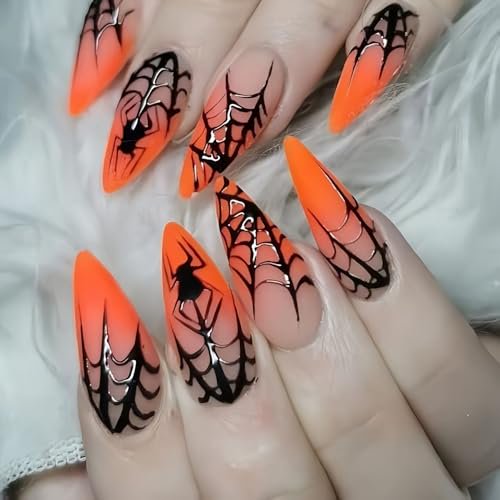 24Pcs Halloween Spider Nails Set: Medium Almond ABS Press On Nails with Spider Design, Orange Glossy Full Cover False Nails for Women Manicure Decoration