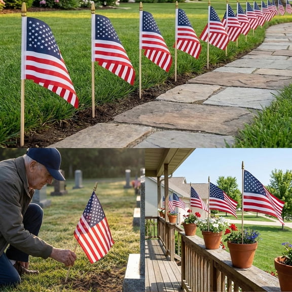 24Pcs Hand Waved Flag Set, Wooden Pole with Gold Tip, Polyester Flag and Plastic Flagpole Base, Patriotic Hand Flag for Parades and Celebrations