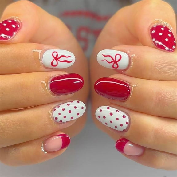 24Pcs Heart Flame False Nails Red White Dot Design Artificial Nails For Daily Use Special Party Wedding Gift for Girl