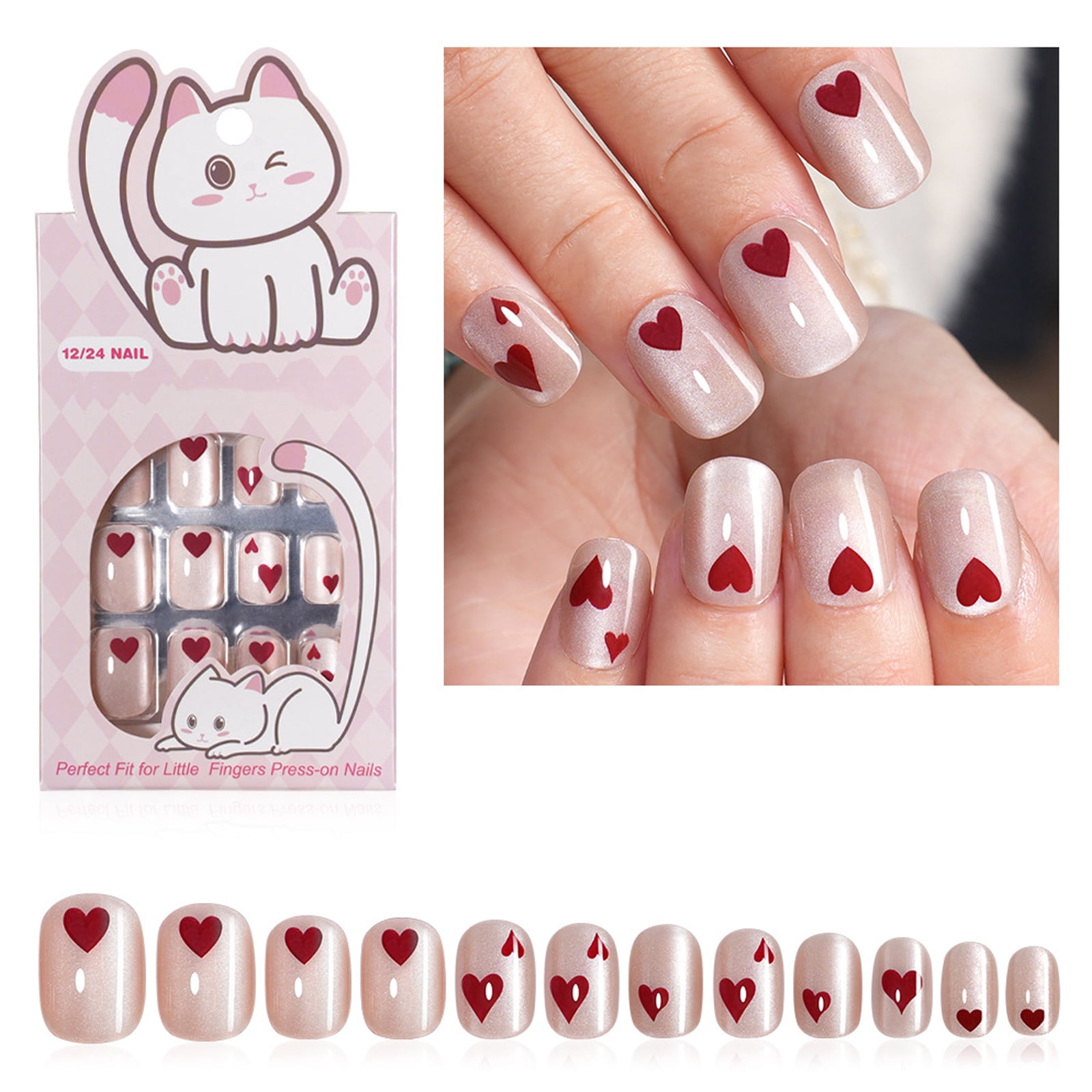 24Pcs Heart Pattern Short Square False Nails Fashion Cats Eye Press Ons ...
