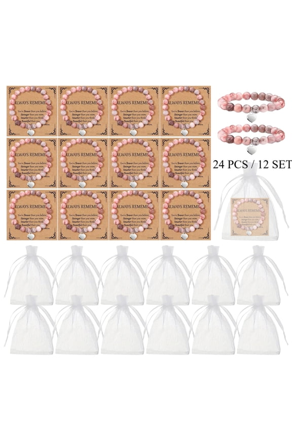 24Pcs Heart Pendant Bracelet Gift Set, Inspirational Beaded Bracelets Bulk with Cards for Women, Pink Purple Friendship Bracelets Party Favors for Women Galentines Gifts Bulk Kindness Bracelets