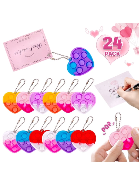 24Pcs Heart Pop Fidget Keychain Toys Bulk, Valentine Easter Party Favors for Kids, Sensory Stress Reliever Anti-Anxiety Toys, Birthday Carnival Bag Fillers Classroom Prizes