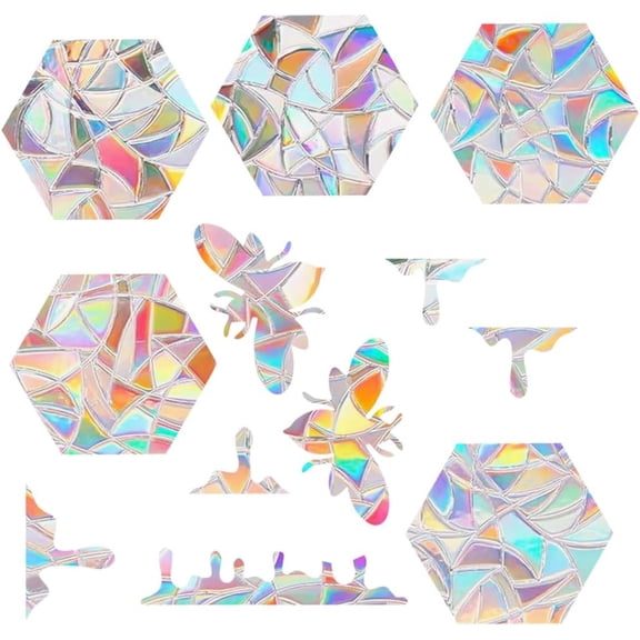 24Pcs Honeycomb Bee Window Clings Rainbow Glass Sticker Static Decal Sun Catcher Reusable Non Adhesive Alert Sticker Film to Save Bird from Window Strike DIY