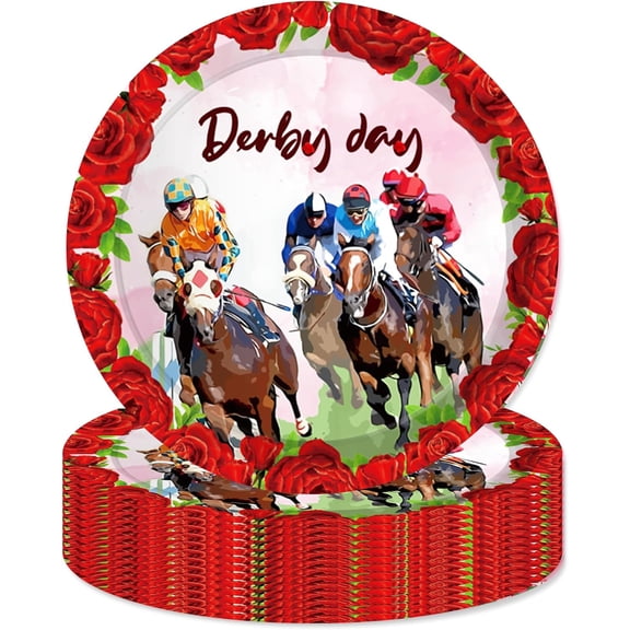 24Pcs Horse Racing Party Plates - 7 Inch Run for The Roses Horse Design Paper Plates Derby Day Party Decorations for Equestrian Enthusiasts Theme Birthdays, Derby Day Racing Decorations