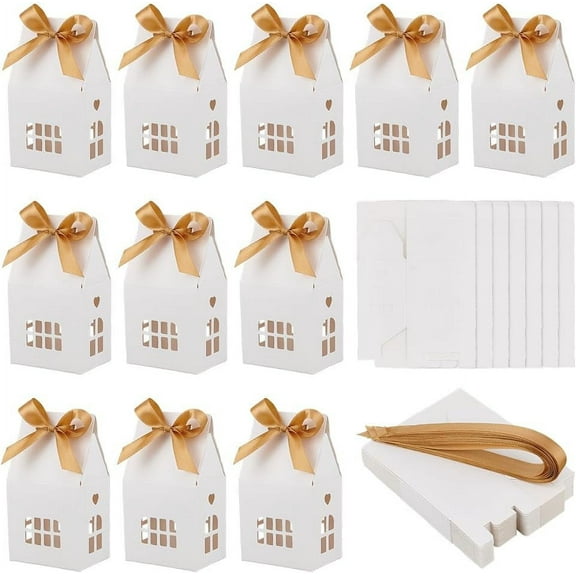 24Pcs House Shaped Party Boxes 2.83x2.04x4.92 Inch Candy Gift Case with Polyester Ribbon Hollow Cardboard Paper Treat Boxes with Small Windows White