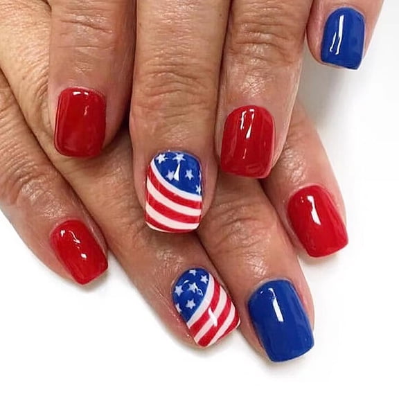 24Pcs Independence Day Press on Nails Short Square Fake Nails 4th of July False Nails with Star & US Flag Designs Press on Nails Artificial Glossy Acrylic Nails Full Cover Fake Nails for Women Girls