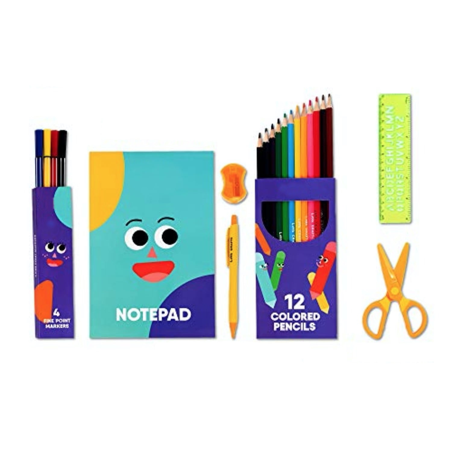 24Pcs Kids Coloring Drawing Stencils 12 Pencils 4 Markers Sharpener  Scissors Set 