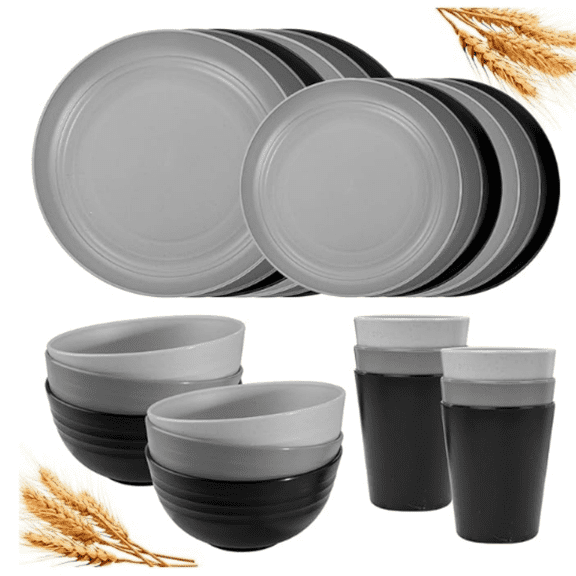 24Pcs Kitchen Plastic Wheat Straw Dinnerware Set,Dinnerware Sets for 6,Microwave Dishwasher Safe Plates, Unbreakable Reusable Plastic Wheat Straw Bowls & Plate for Camping