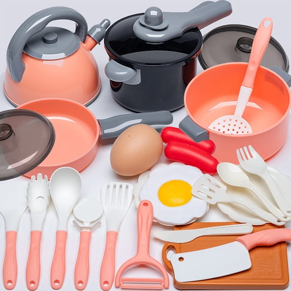 24Pcs Kitchen Playset, Toddler Pretend Cooking Play Pots, Pans, Utensils Cookware, Daily Food Fruit Veges, Shopping Storage Basket, Dessert, Prop Money, Learning Gift for Child