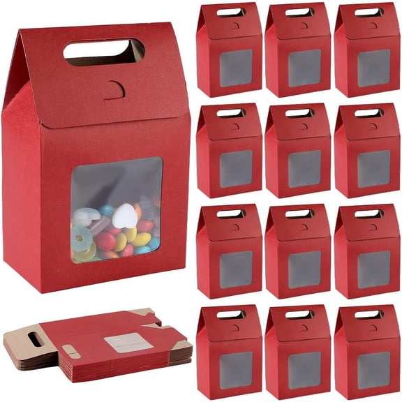 24Pcs Kraft Paper Bags with Window Small Dark Red Stand Up Gift Bag with Handles for Candy Cookies Packaging Present Storage Festivals Wedding Christmas Party 9.7 x 5.8 x 15cm Red DIY