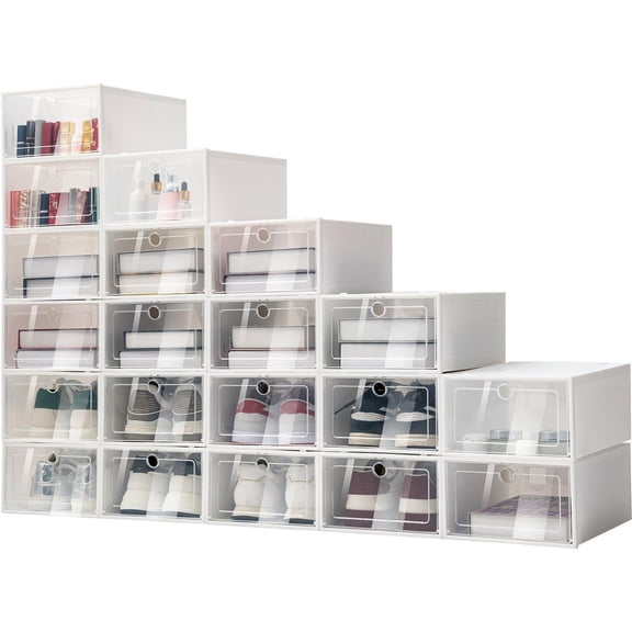 24Pcs Large Size Stackable Shoe Boxes, Space Saving Foldable Shoe Rack, Clear Plastic Sneaker Display Case, Shoe Container for Sneakers Leather Shoes Slippers