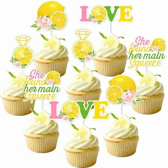24Pcs Lemon Cupcake Toppers, She Found Her Main Squeeze, Diamond Ring, Lover Cupcake Picks, Lemonade Themed Bridal Shower, Wedding Engagement, Bachelorette Party Cake Decorations Supplies