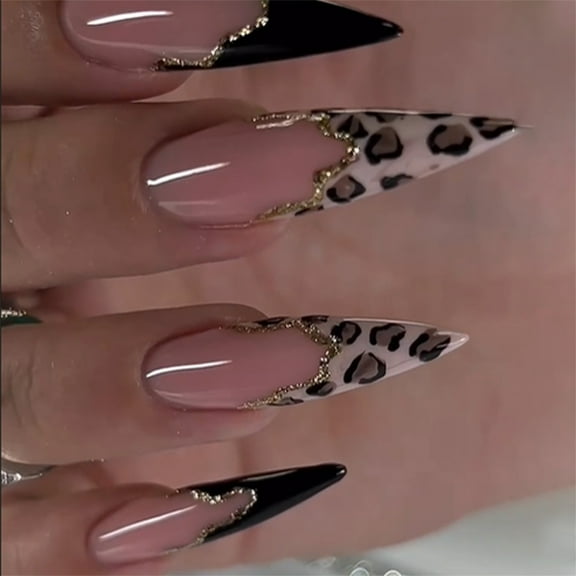 24Pcs Leopard Print Press On Nail Long False Nail French Tip Glossy Artificial Nail Full Cover Stick on Nail