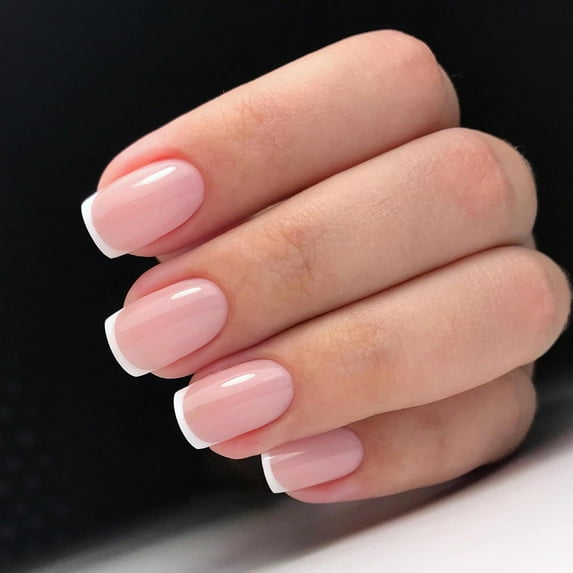 24Pcs Light Pink French Nail Press On Nails Medium for Daily Wear, White Tip Fake Nails Glossy Artificial Lady Fingernails with Manicure Kit Ombre Pink M-French Tip