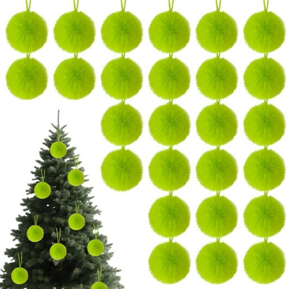 24Pcs Lime Green Fur Christmas Ornaments, 2" Pom Pom Ball Hanging Decoration Fuzzy Fluffy Christmas for Christmas Tree Wreath Home DIY Craft Party Decor