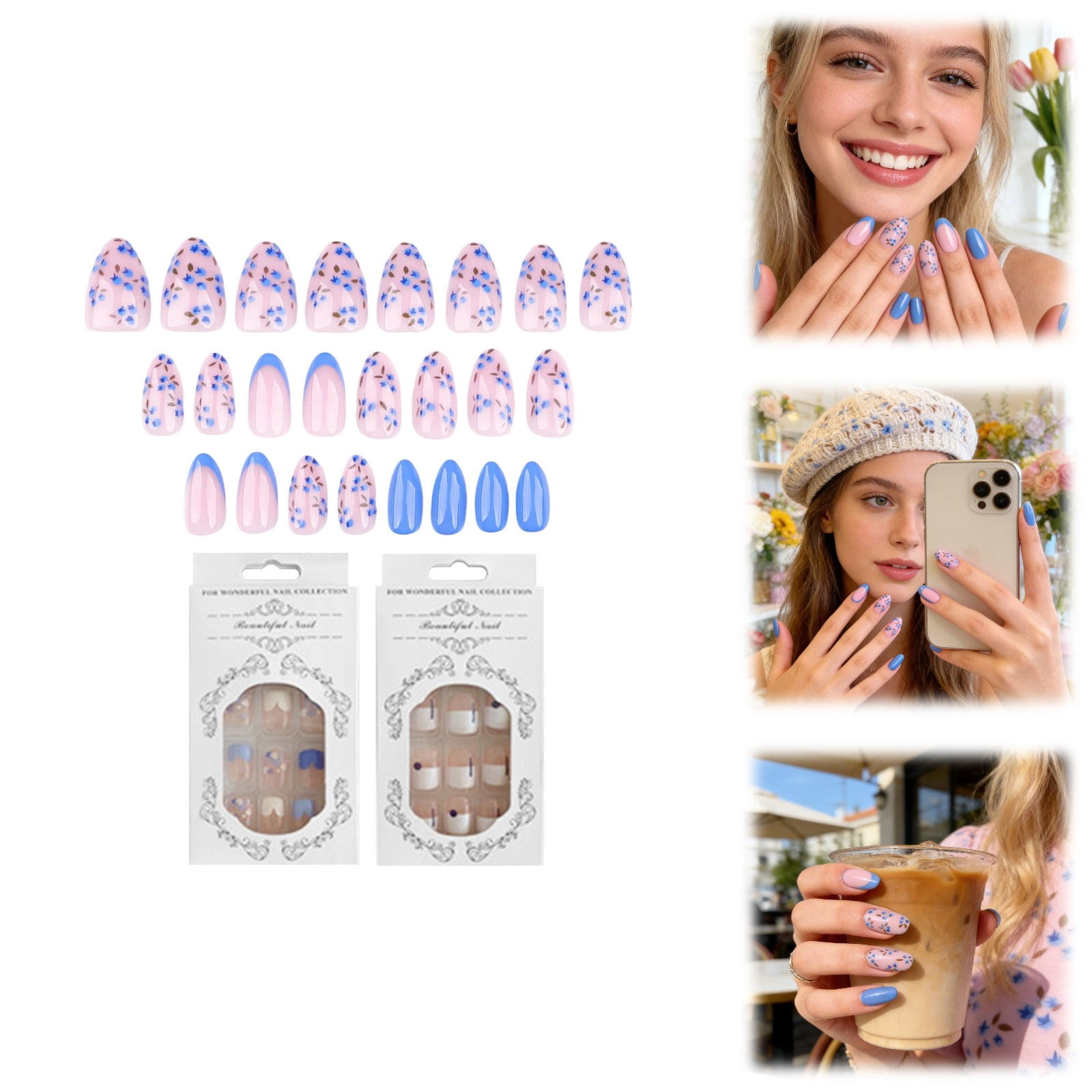 24Pcs Little Fresh Blueberry Fake Nails Set, French Tip Blue Floral ...