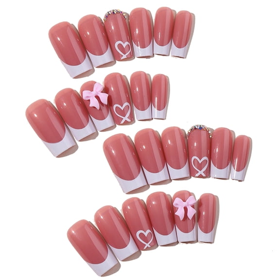 24Pcs Long Acrylic Nails Glossy French Tip With Bows Charm False Nails Manicure