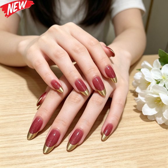 24Pcs Long Almond Press On Nails for Women, Burgundy Red Cat Eye Fake Nails with Metallic Gold French Tip, Reusable GlueOn False Nail Tips for Fall Winter Holiday Party Daily Elegant Manicure