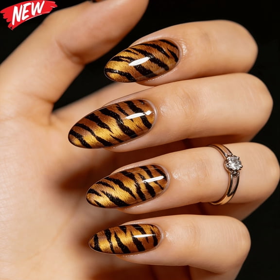 24Pcs Long Almond Press On Nails for Women, Glossy Metallic Tiger Print Fake Nails, Reusable GlueOn False Nail Tips, Animal Pattern Nail Stickers for Fall Winter Party Daily Manicure