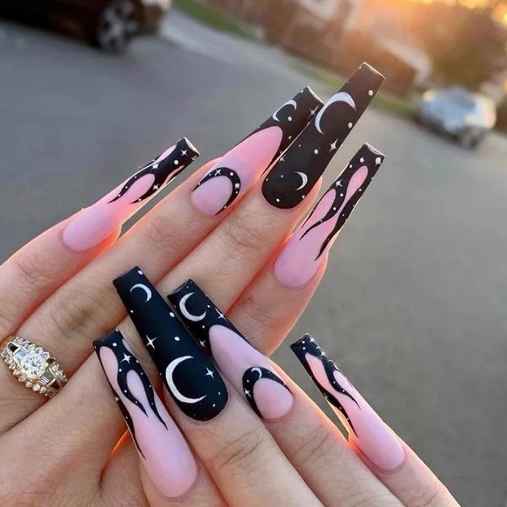 24Pcs Long Ballet French Girls Nail Art White Fake Nails Manicure Press On Nails False With Designs Artificial Wearing Reusable