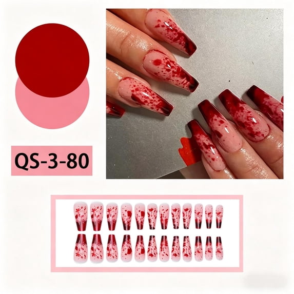 24Pcs Long Coffin Halloween Press On Nails, Realistic Blood Drip Splatter Nude Red Gothic Fake Nails, Detachable Reusable Nail Tips For Horror Cosplay Halloween Party Manicure Decor
