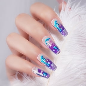 24Pcs Long Square Press on Nails Thick Fake Nails Blue French Tip False Nails with Fish Pattern Design Artificial Acrylic Nails Press ons Reusable Coffin Nail Holiday Glue on Nail for Women