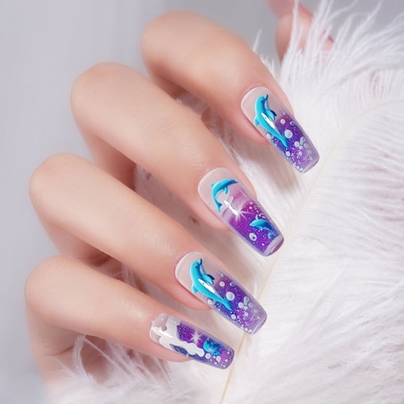 24Pcs Long Square Press on Nails Thick Fake Nails Blue French Tip False Nails with Fish Pattern Design Artificial Acrylic Nails Press ons Reusable Coffin Nail Holiday Glue on Nail for Women