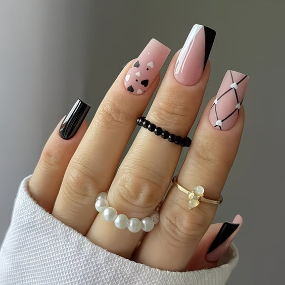 24Pcs Long Square Press On Nails Black White Geometric French Manicure
