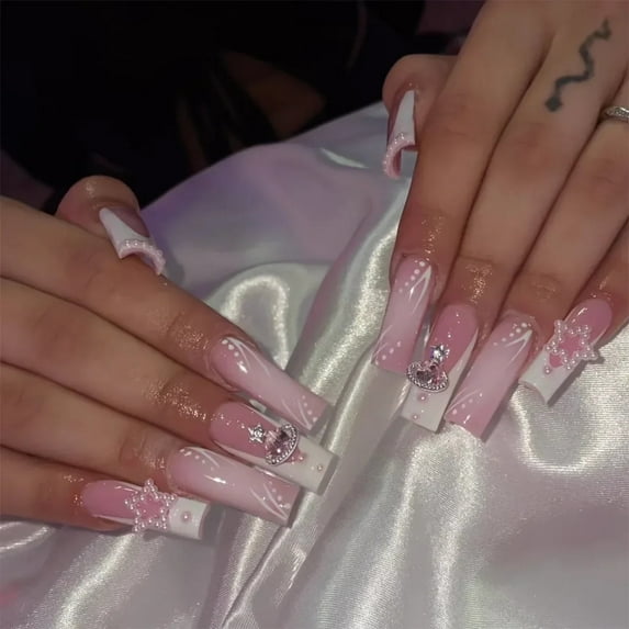 24Pcs Long Square Press on Nails Love Pattern Design Artifical Coffin False Nail Brown French Wearable Full Cover Fake Nail Tips