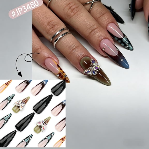24Pcs Long Stiletto Press On Nails, Nude Ombre Tortoise Shell Fake Nails with 3D Butterfly Rhinestone, Reusable Full Cover False Nail Tips for Women Daily Party Salon DIY Fashion Nail Art