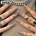 thumbnail image 1 of 24Pcs Long Stiletto Press On Nails, Transparent Nude Full Cover Glossy Acrylic Fake Nails Reusable Glue On False Nail Tips for Cool Trendy Daily Party Gothic Women Nail Art Decoration, 1 of 10