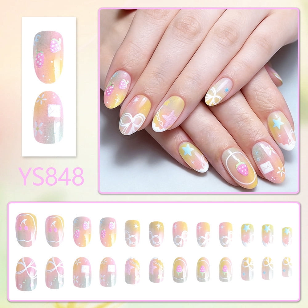 24Pcs Macaron Gradient Press On Nails, Spring Summer Oval Bow Nail Art for Women